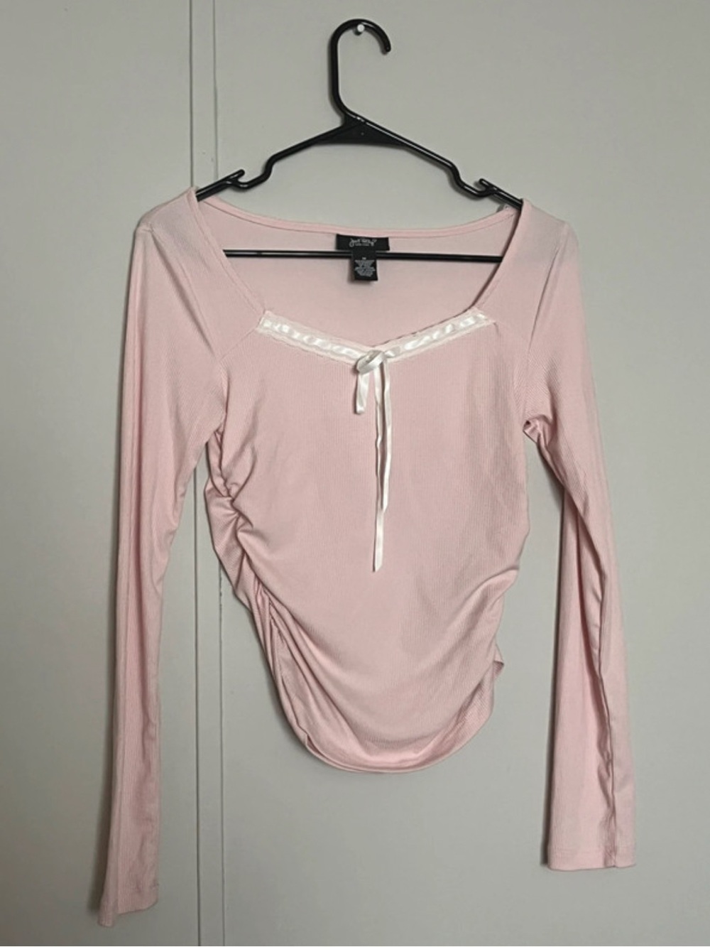 Light Pink Long-Sleeve Scoop Neck Top with Ribbon Trim